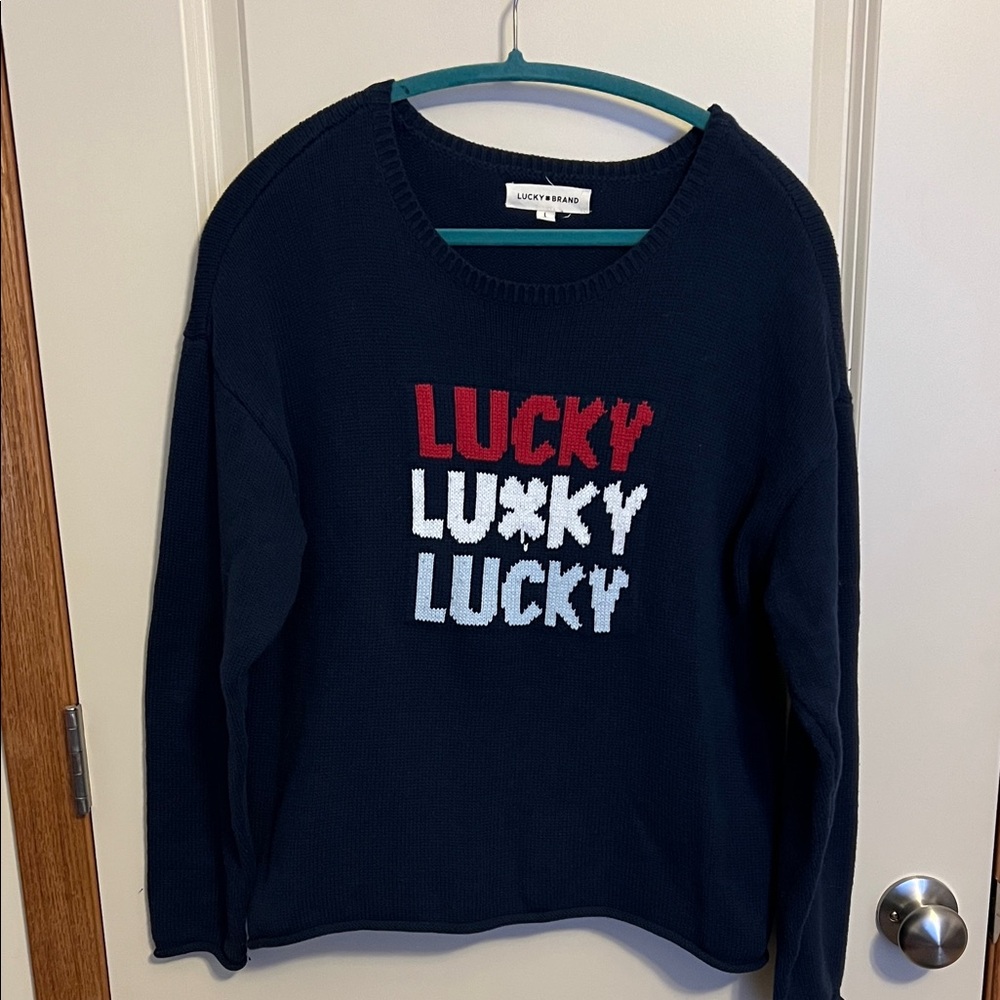 Lucky Brand Women's Navy Sweater with Red and White Accents